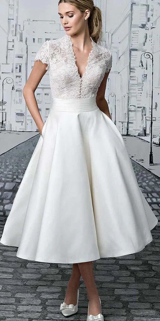 Short Wedding Dresses V-neck Lace Tea-length Ivory Simple Bridal Gown