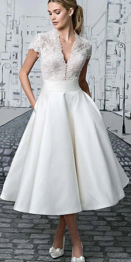 Short Wedding Dresses V-neck Lace Tea-length Ivory Simple Bridal Gown