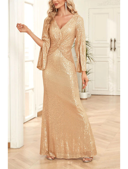 Sheath Mermaid Sleek Glitter Sparking Sequins Wedding Guest Party Dress V Neck Floor Length  Long Sleeve Prom Dress