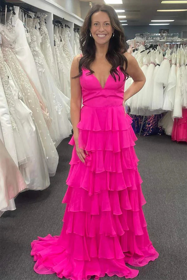 Straps Fuchsia Ruffle Chiffon Prom Dress with Slit
