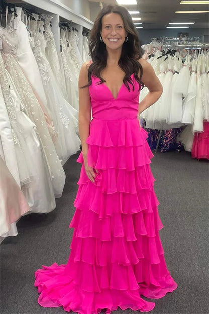 Straps Fuchsia Ruffle Chiffon Prom Dress with Slit