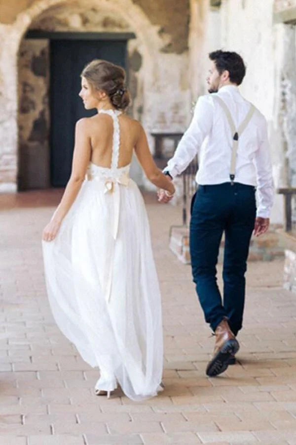Simple Jewel Sleeveless Floor-Length Lace Top Wedding Dress