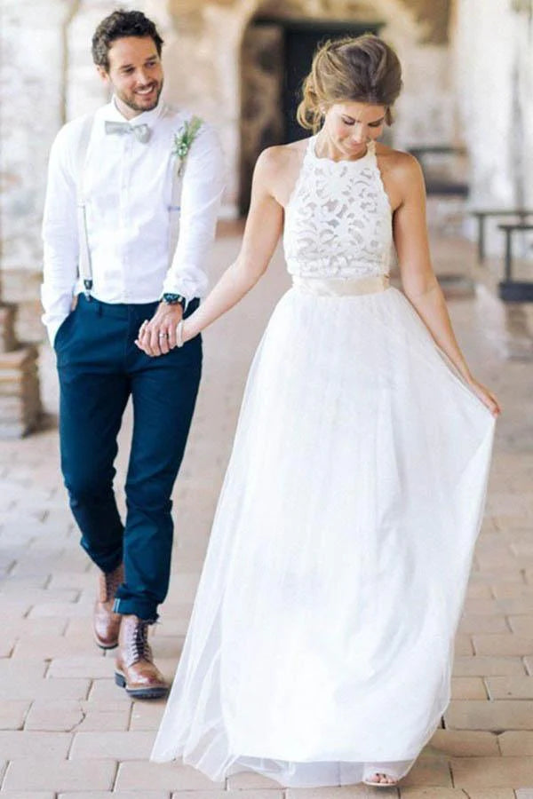 Simple Jewel Sleeveless Floor-Length Lace Top Wedding Dress