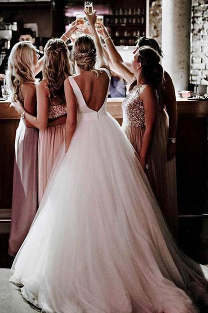 Simple Modest Ivory Tulle Wedding Gowns Backless Wedding Dress