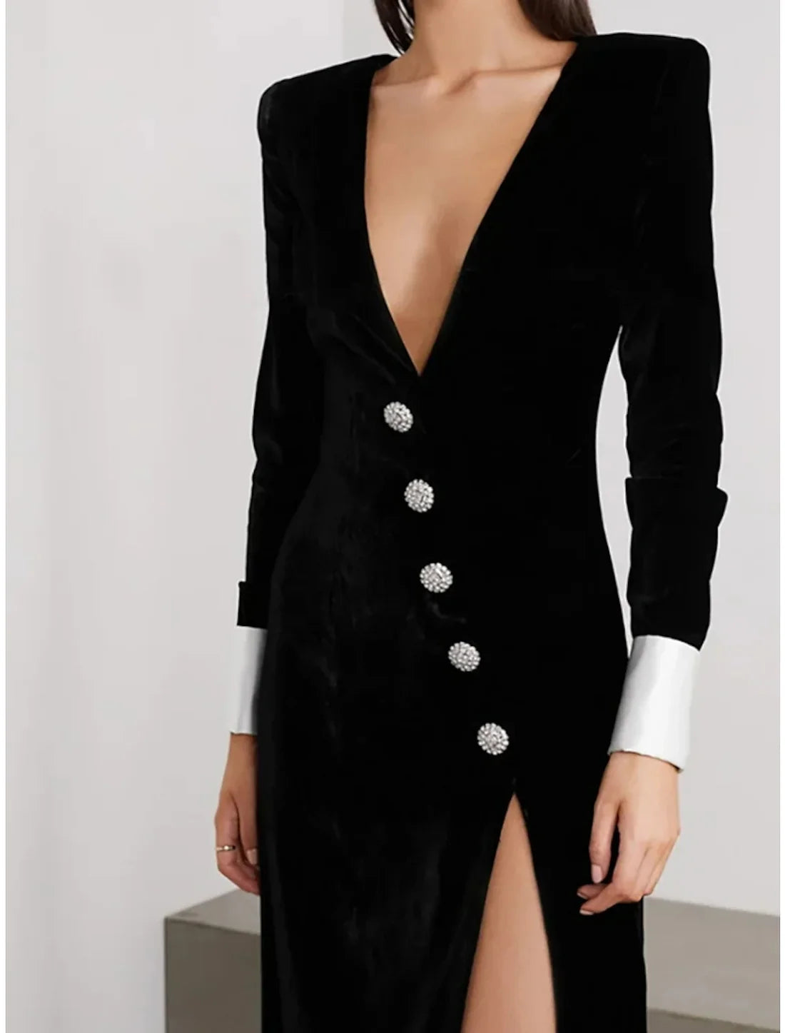 Evening Gown Formal Black Dress Floor Length Long Sleeve V Neck Velvet with Buttons Split