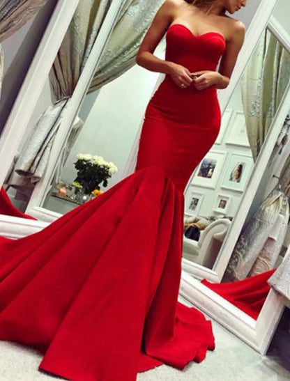 Sheath Mermaid Sleeveless Party Dress Sexy  Dress Strapless  Court Train Stretch Fabric with Pleats
