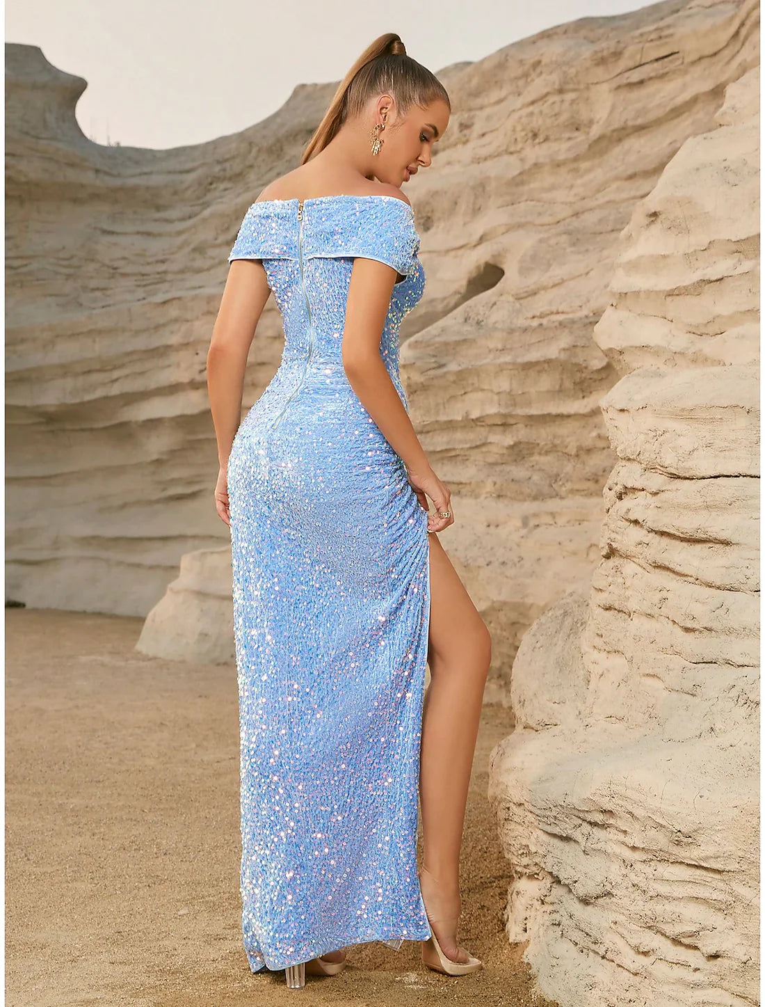 Sheath / Column Party Dresses Sparkle &amp; Shine Dress Party Wear Floor Length Short Sleeve Off Shoulder Sequined with Glitter Ruched Slit