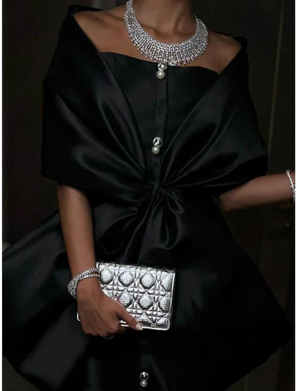 Mermaid Evening Gown Black Dress Elegant Dress Formal Court Train Half Sleeve Off Shoulder Satin with Bow(s) Slit