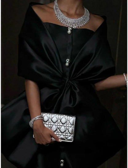 Mermaid Evening Gown Black Dress Elegant Dress Formal Court Train Half Sleeve Off Shoulder Satin with Bow(s) Slit