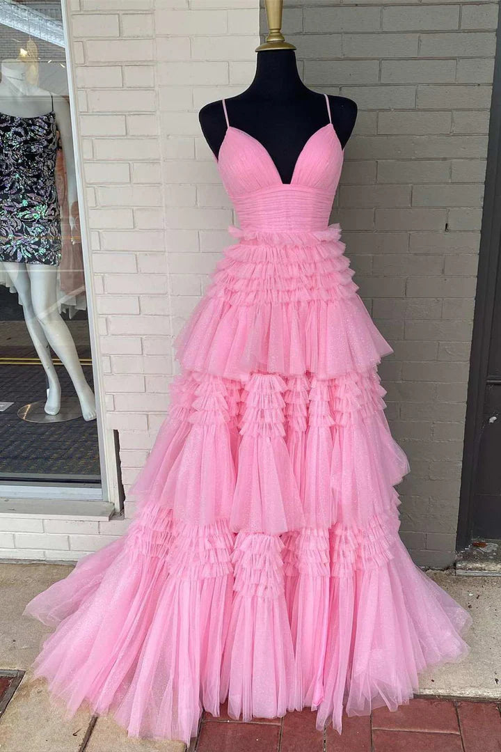 Tulle Multi-Tiered V-Neck Long Prom Dress
