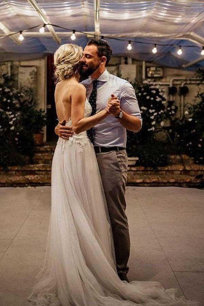 Spaghetti Strap V Neck Beach Wedding Dresses Backless Bridal Dresses