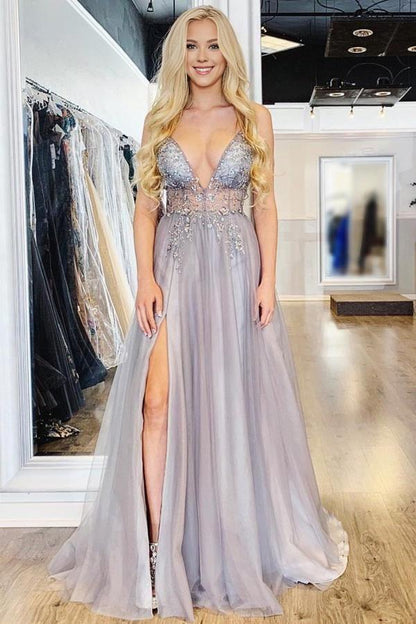 A Line Party Dresses Spaghetti Straps V Neck Floor Length Tulle Prom Dress with Beading