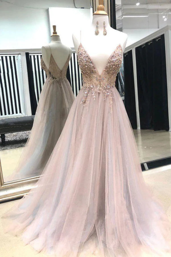 A Line Party Dresses Spaghetti Straps V Neck Floor Length Tulle Prom Dress with Beading