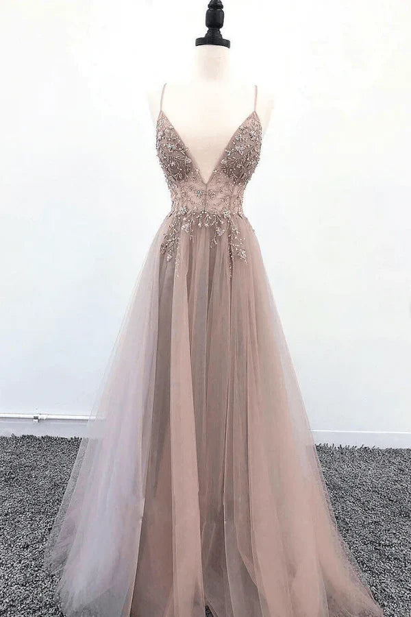 A Line Party Dresses Spaghetti Straps V Neck Floor Length Tulle Prom Dress with Beading