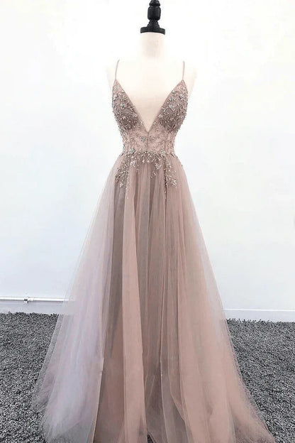 A Line Party Dresses Spaghetti Straps V Neck Floor Length Tulle Prom Dress with Beading
