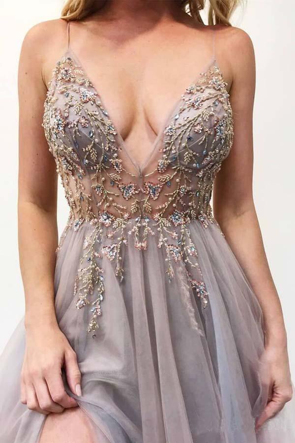 A Line Party Dresses Spaghetti Straps V Neck Floor Length Tulle Prom Dress with Beading