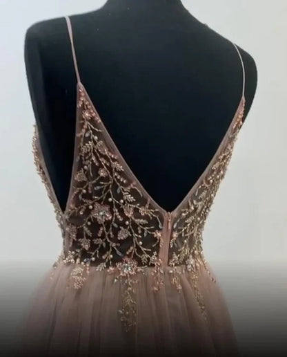 A Line Party Dresses Spaghetti Straps V Neck Floor Length Tulle Prom Dress with Beading