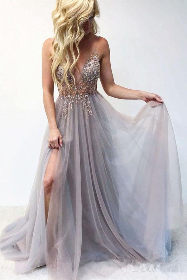 A Line Party Dresses Spaghetti Straps V Neck Floor Length Tulle Prom Dress with Beading