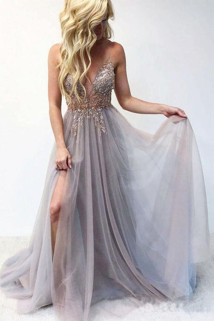 A Line Party Dresses Spaghetti Straps V Neck Floor Length Tulle Prom Dress with Beading