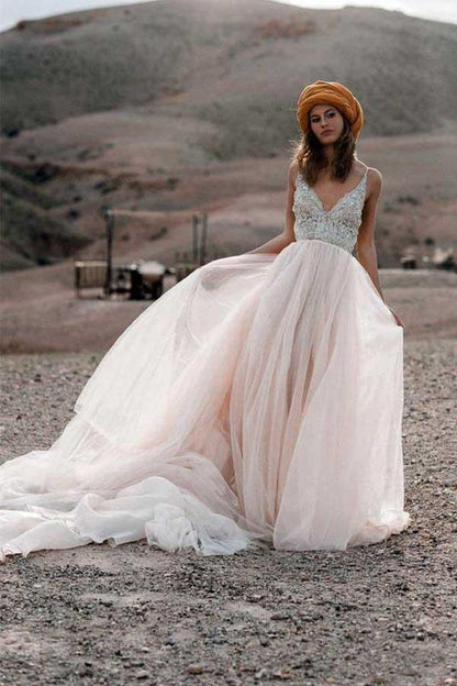 Sparkle Beading A-line V-neck Wedding Dresses Backless Bridal Gowns