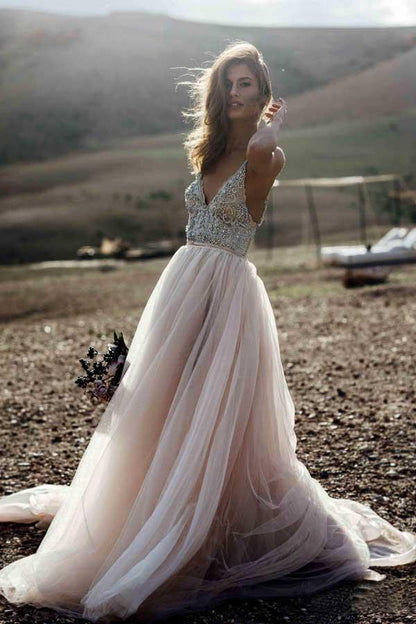 Sparkle Beading A-line V-neck Wedding Dresses Backless Bridal Gowns