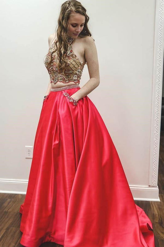 A Line Sparkly Halter Neck Two Pieces Beaded Satin Long Prom Dress