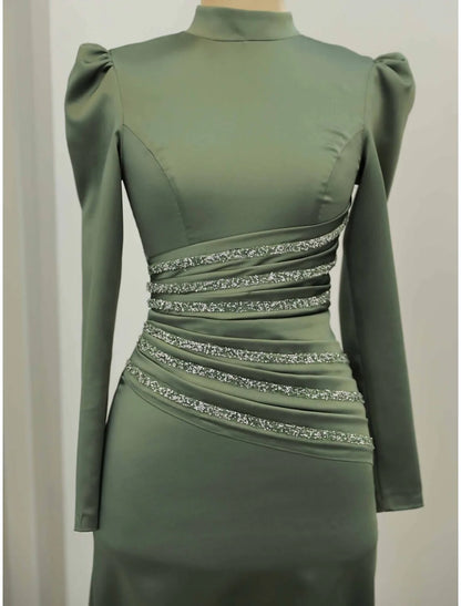 Evening Gown Formal Ankle Length Long Sleeve High Neck Satin with Glitter Ruched