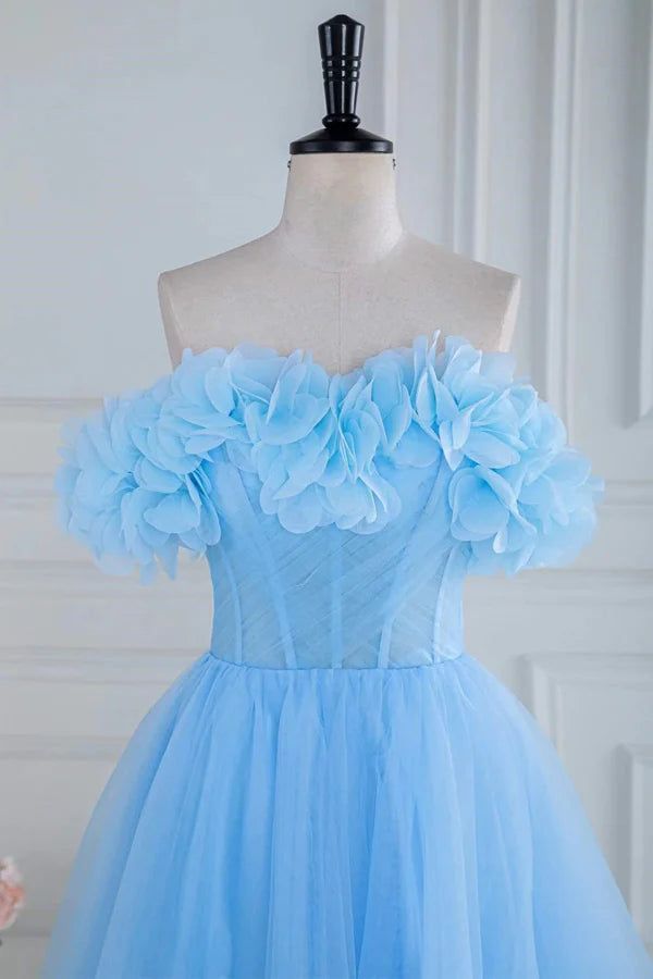 Strapless Flower A-Line Tulle Blue Prom Dress