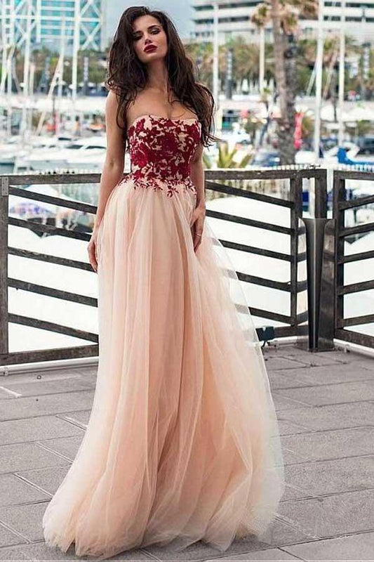 A Line Strapless Blush Prom Dresses Lace Appliqued Tulle Formal Evening Dress
