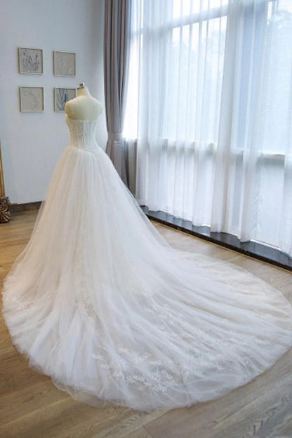 Strapless Lace Appliques A Line Chapel Train Wedding Dress With Beading