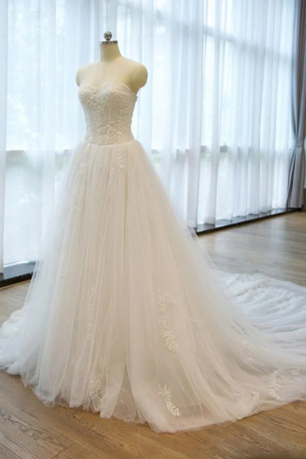 Strapless Lace Appliques A Line Chapel Train Wedding Dress With Beading