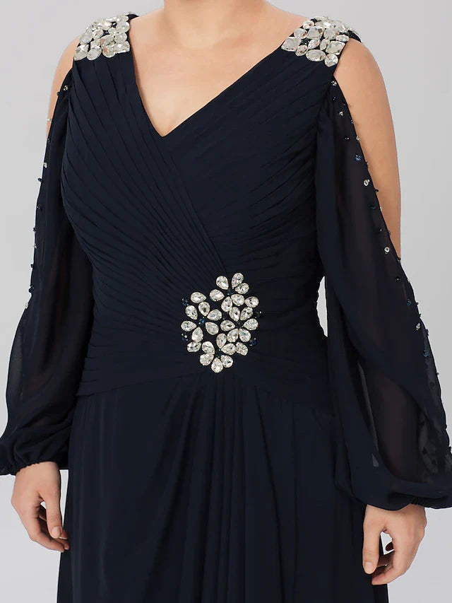 A-Line Mother of the Bride Dress Plus Size Elegant Jewel Neck Ankle Length Chiffon Half Sleeve with Ruffles Side-Draped