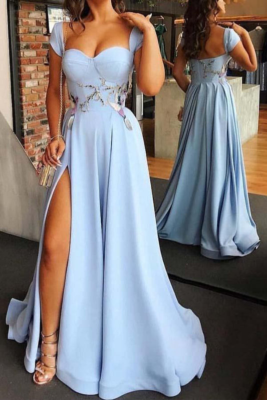 Sheath Sweetheart Neck Cap Sleeve Light Blue Floor Length Prom Dress with Split