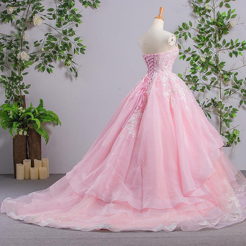 Sweetheart Evening Ball Gown Pink Tiered  Lace Prom Dresses With Appliques