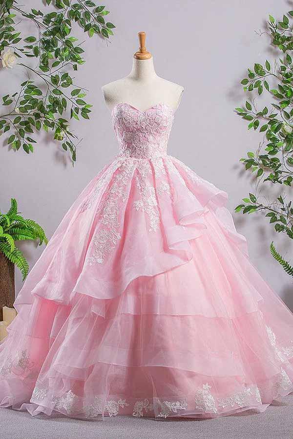 Sweetheart Evening Ball Gown Pink Tiered  Lace Prom Dresses With Appliques