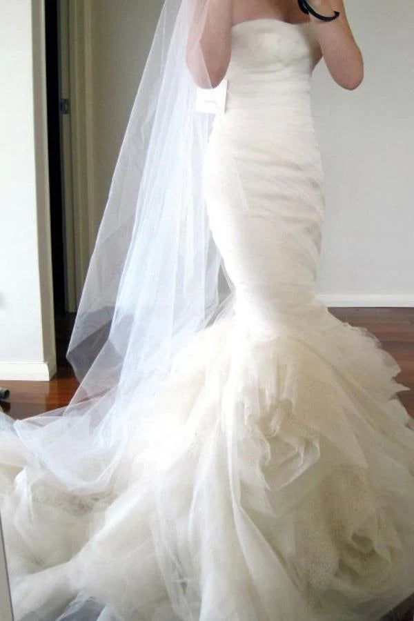 Sweetheart Sweep Train Tiered Mermaid Ivory Wedding Dress Ruched