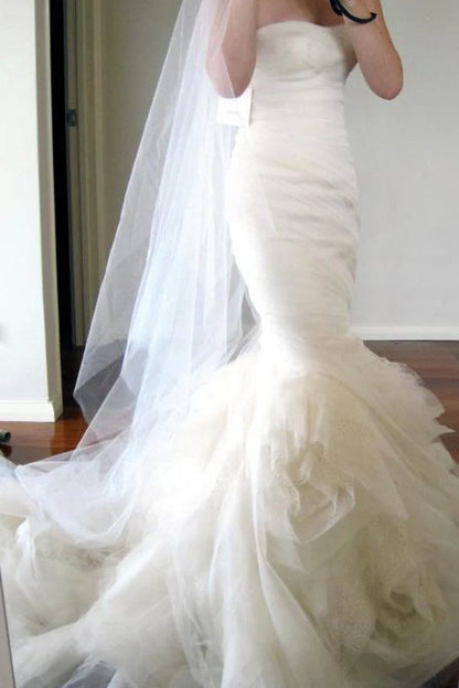 Sweetheart Sweep Train Tiered Mermaid Ivory Wedding Dress Ruched