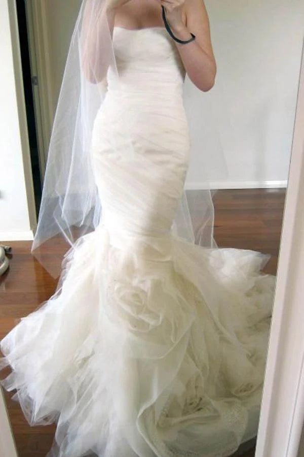 Sweetheart Sweep Train Tiered Mermaid Ivory Wedding Dress Ruched