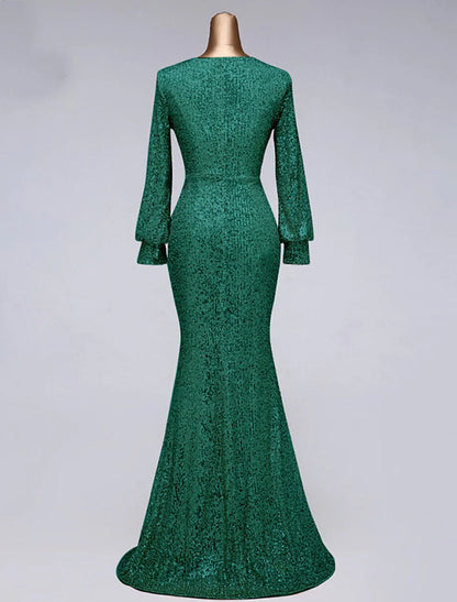 Mermaid / Trumpet Evening Gown Elegant Dress Wedding Guest Floor Length Long Sleeve V Neck Tulle with Sequin Slit
