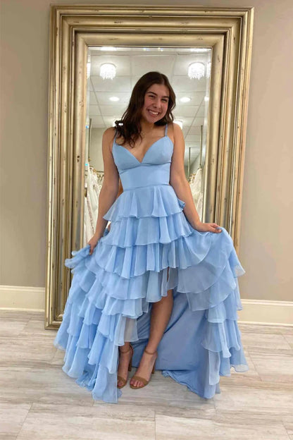 Straps Fuchsia Ruffle Chiffon Prom Dress with Slit