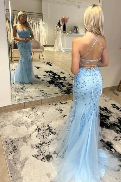 Trumpet Spaghetti Straps With Lace Long Prom Dresses