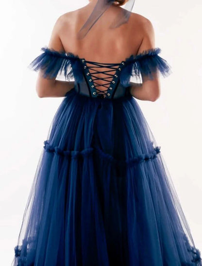 A-Line Prom Dresses Elegant Dress Wedding Guest Floor Length Short Sleeve Off Shoulder Tulle with Pleats RufflesA-Line Prom Dresses Elegant Dress Wedding Guest Floor Length Short Sleeve Off Shoulder Tulle with Pleats Ruffles
