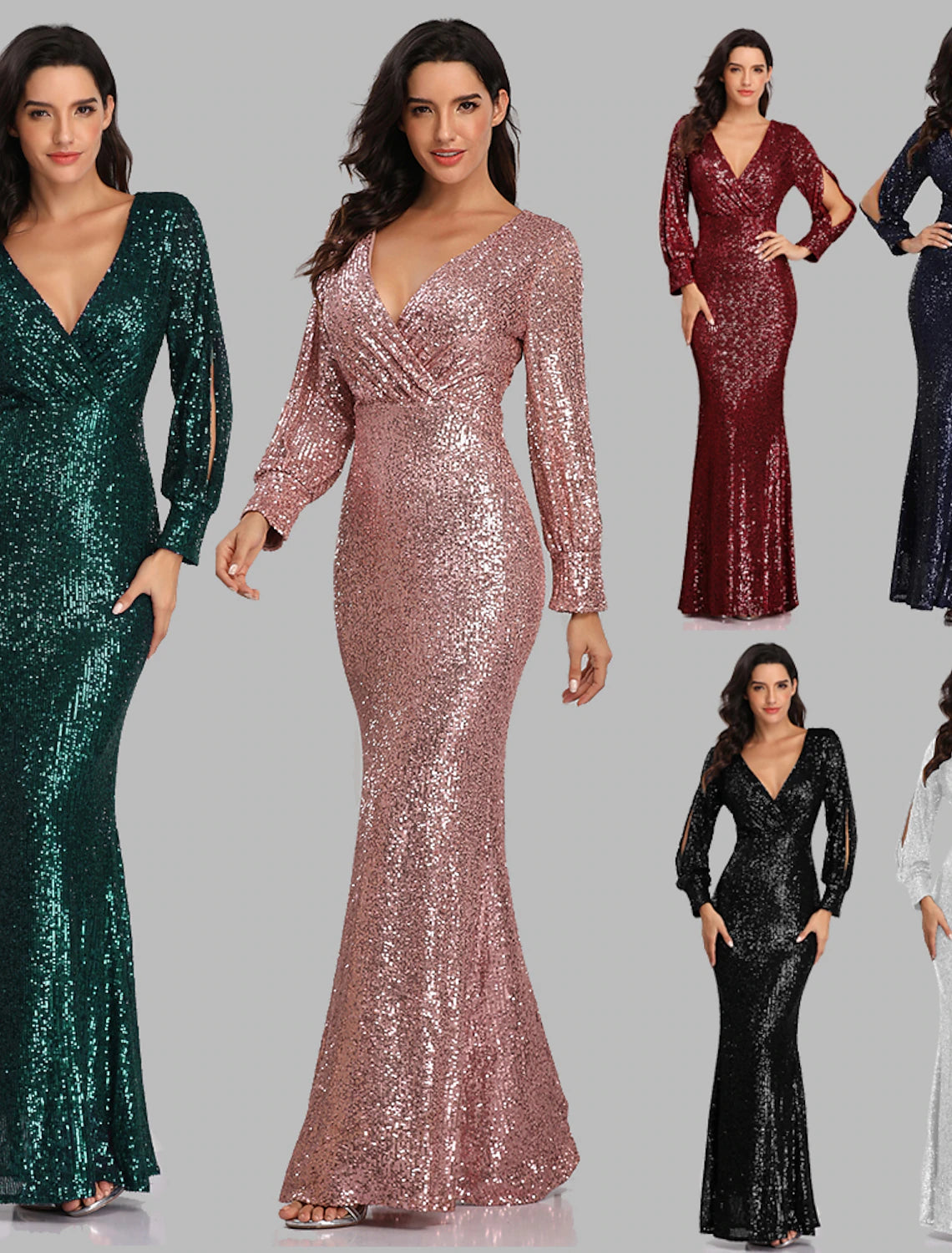 Sheath Mermaid V Neck  Evening Gown Sleek Glitter Sparking Sequins  Floor Length Long Sleeve  Party Dress  Prom Dress