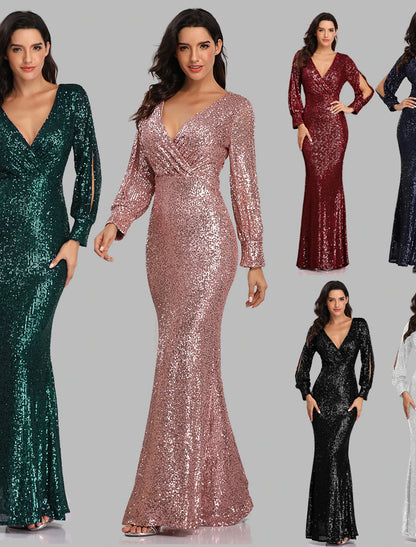Sheath Mermaid V Neck  Evening Gown Sleek Glitter Sparking Sequins  Floor Length Long Sleeve  Party Dress  Prom Dress