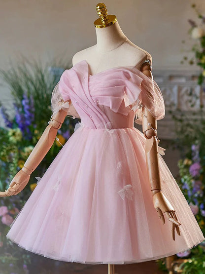 Elegant A-Line Off Shoulder Tulle Wrinkle Bead Decoration Fresh Short lovely Prom Dress