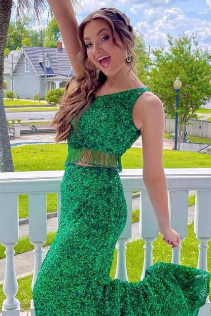 Sequin One-Shoulder Cutout Tassel Long Prom Dress