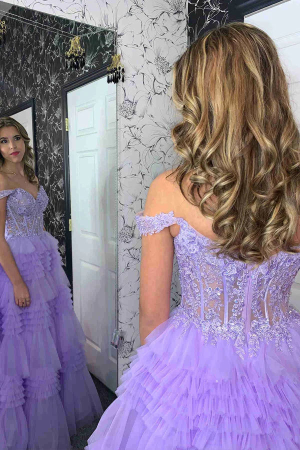 Off the Shoulder Sweetheart Lace Corset Ruffle Prom Dress