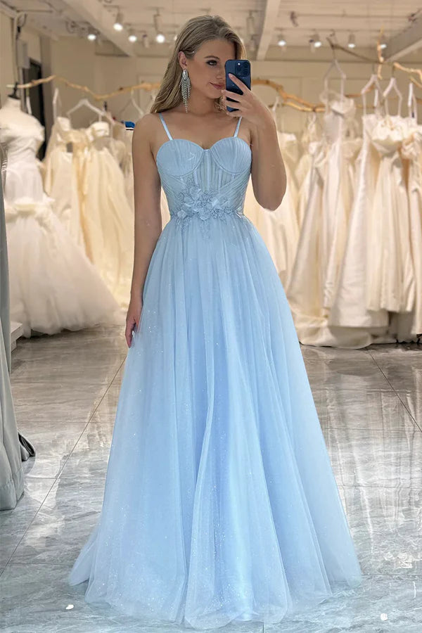 Spaghetti Straps Tulle  Sparkly Prom Dress