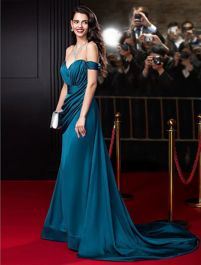 Mermaid / Trumpet Sexy Dress Engagement Court Train Sleeveless Off Shoulder Satin Chiffon with Ruched Draping