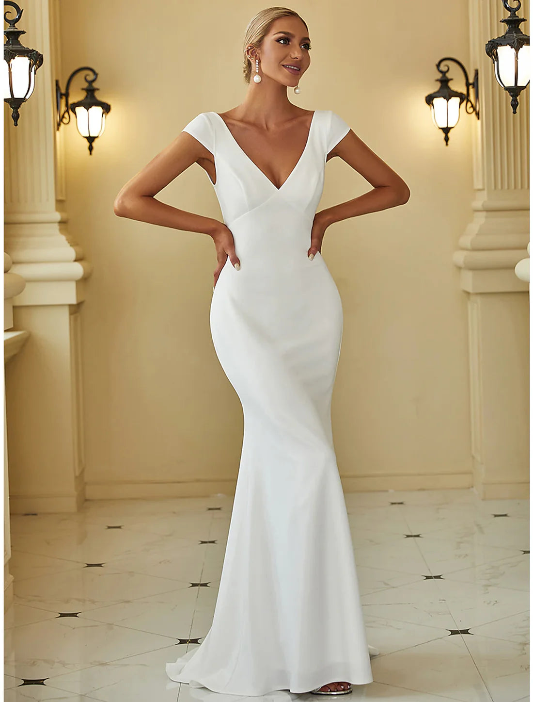 Mermaid / Trumpet V Neck Cap Sleeve Sweep / Brush Train Stretch Fabric Bridal Gowns With Draping Solid Color Wedding Dresses&Bridal Dresses